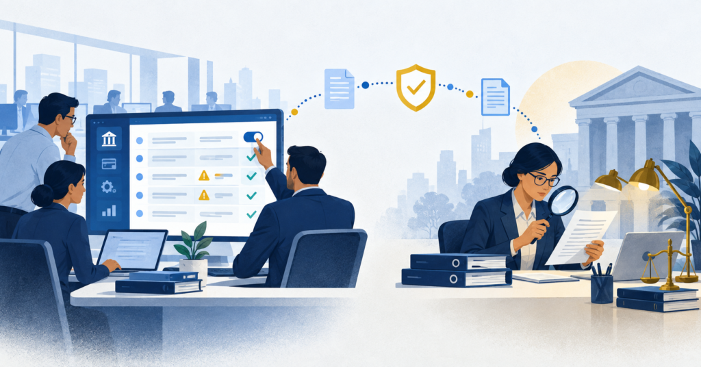 Bank operations staff manage transaction alerts while an independent auditor examines the evidence.